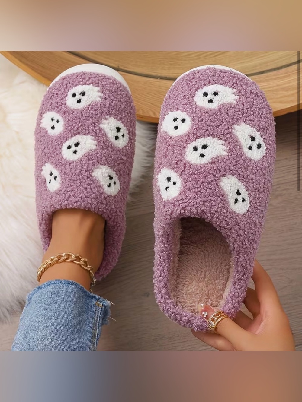 Cozy Plush Ghost Pattern Slip-On Slippers - Lavender